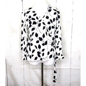 Talbots Size PL Faux Wrap Crepe Blouse Long Sleeve White Black Abstract Leaves